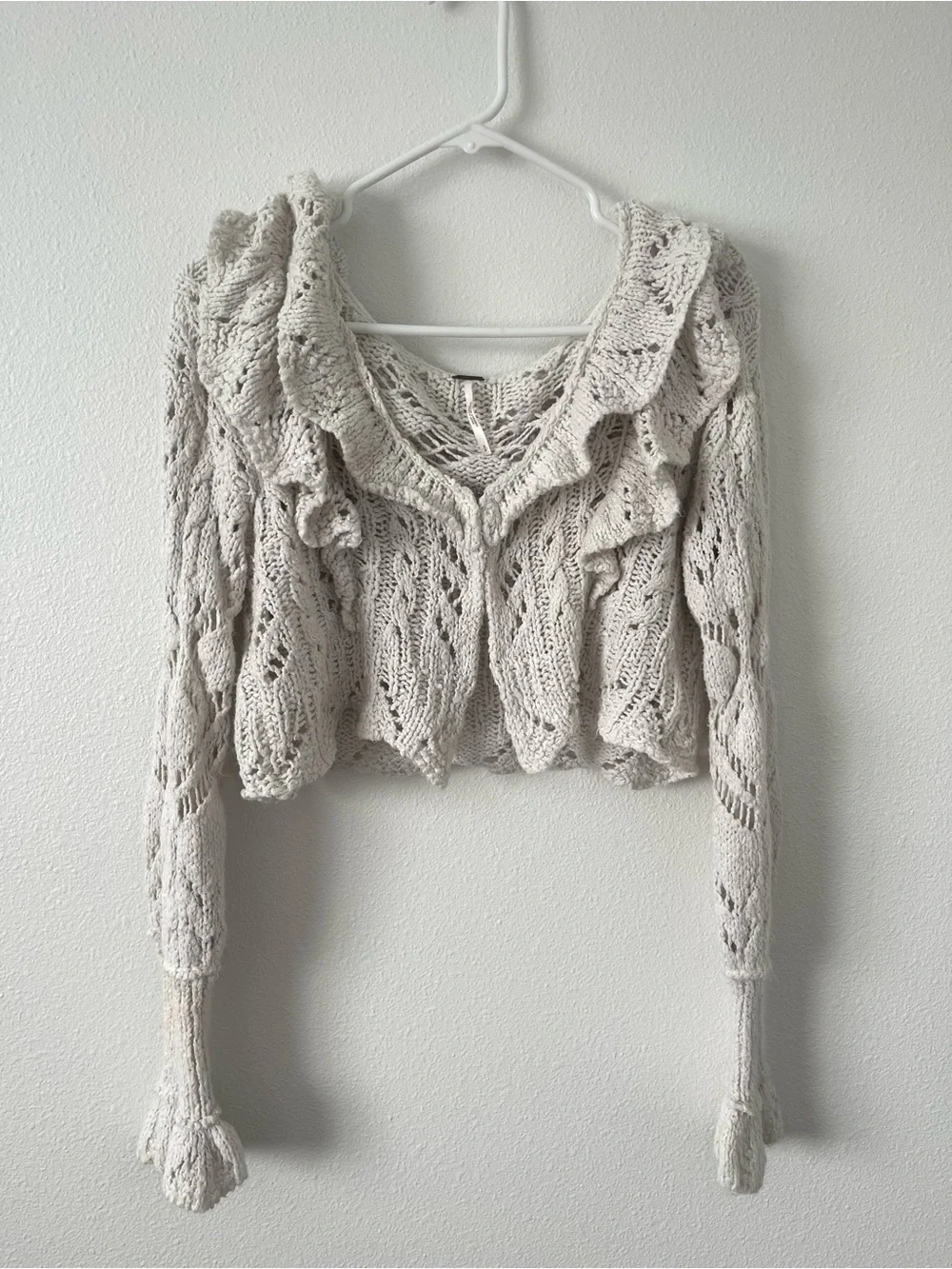 Free People Cream Open-Knit Ruffle Cardigan